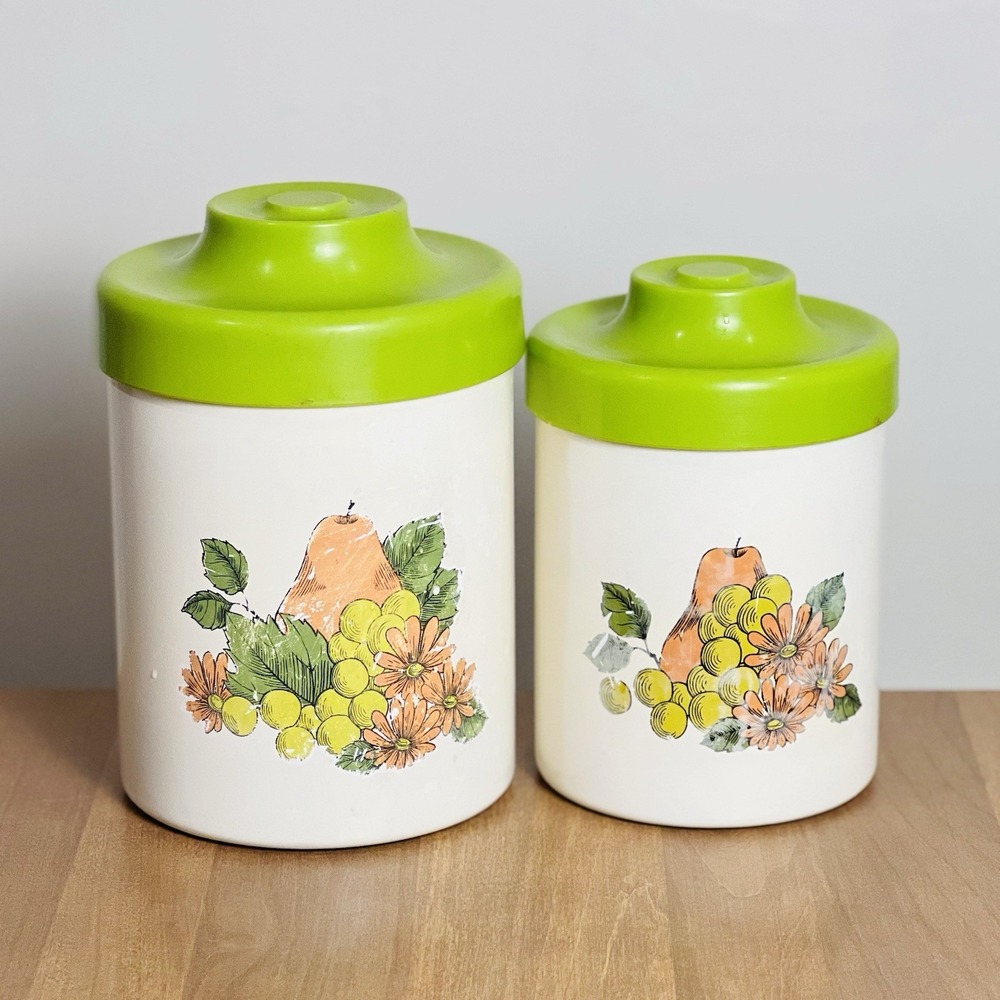 Vintage MCM Atapco‎ Canister Set Fruit Pattern Made In USA 70's Nesting Aluminum